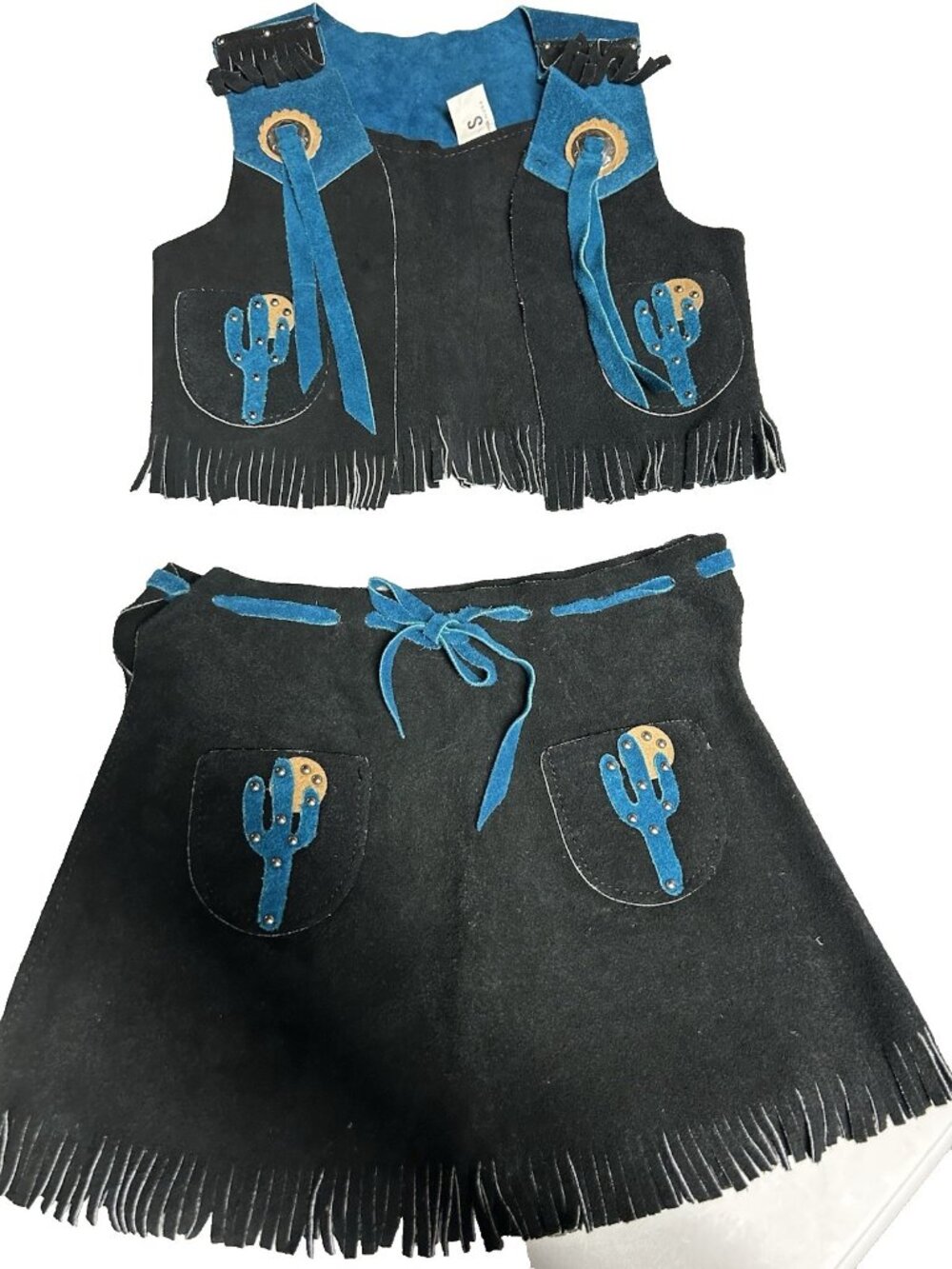 Western Suede 2 Pc Outfit Skirt Black Blue Cactus Girls Child Size S Costume